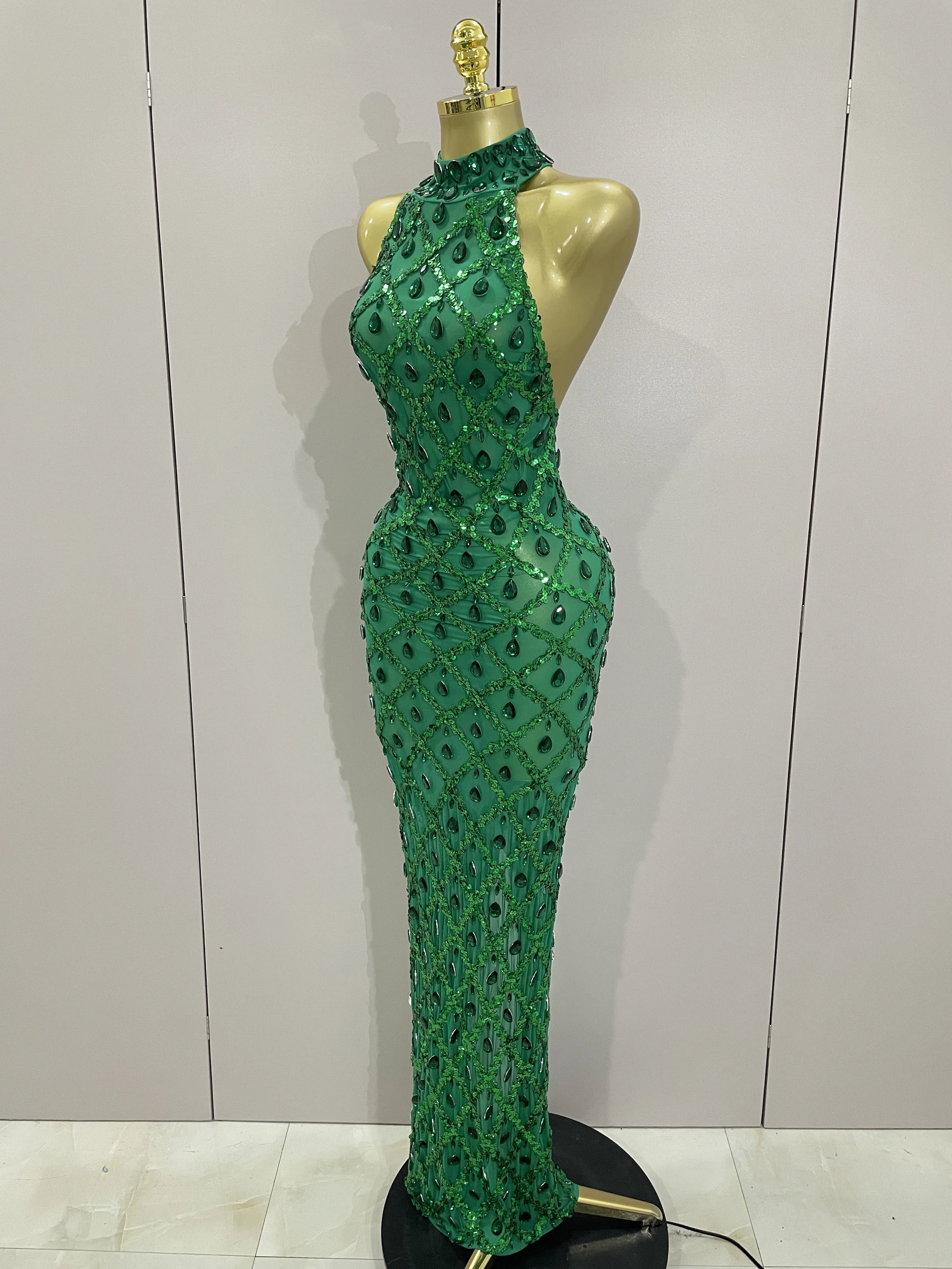 2025 New Shiny Diamond Sequins Green Sexy Mesh Long Dress Women Celebrate Evening Prom Birthday Party Nightclub Stage Costume
