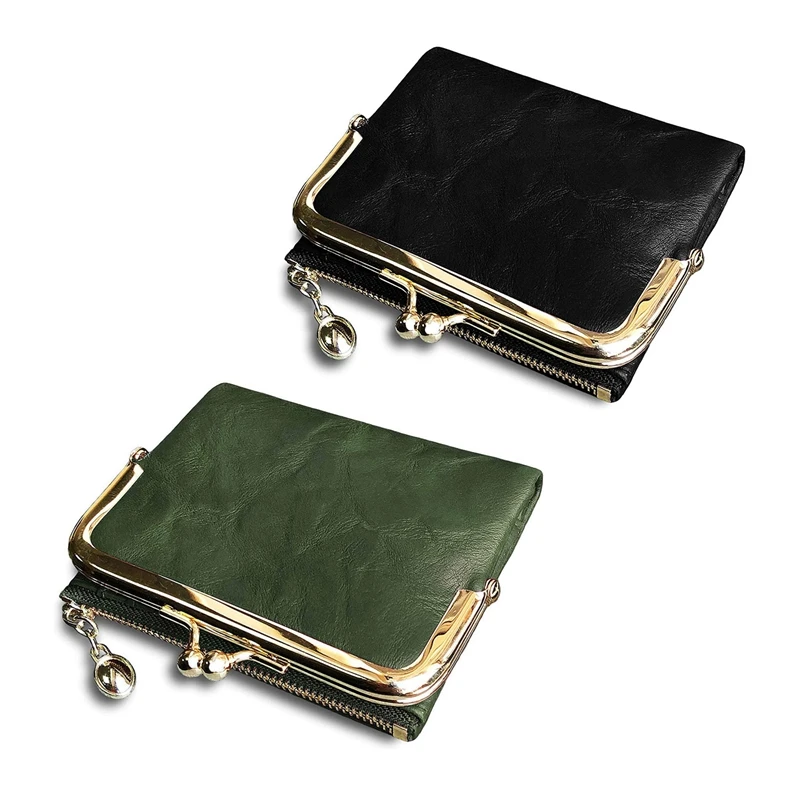 

NEW-2 Pcs Women's Short Wallet Bifold Retro Multifunction Coin Purse With Zip And Kiss Lock, Green & Black