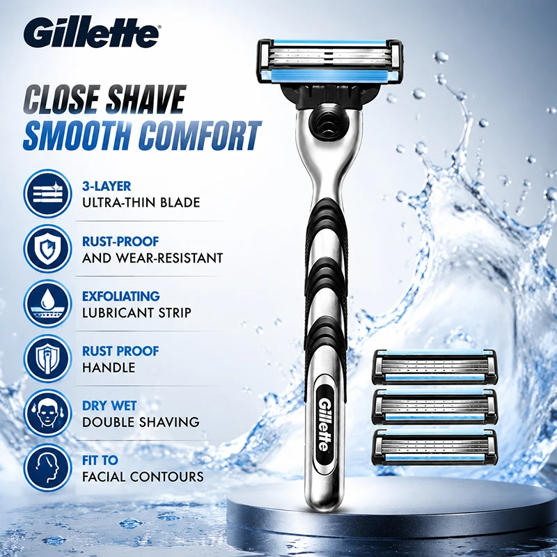 Gillette A314 Shaver 3-layer Manual Shaver for Men Dry Wet Dual Shaving Smooth Non Stick Shaving Razor 4 Replacement Blade Heads