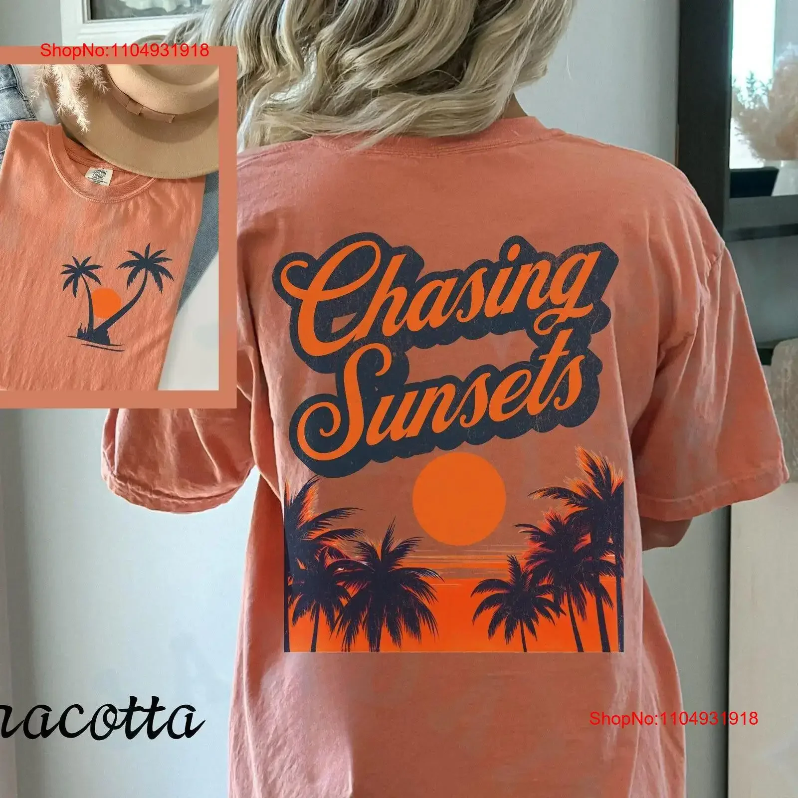 مطاردة غروب الشمس الصيف الشاطئ تي شيرت خمر ريترو ستايل أعلى السفر عطلة بحر الغروب عارضة الجبهة خمر غسلها
