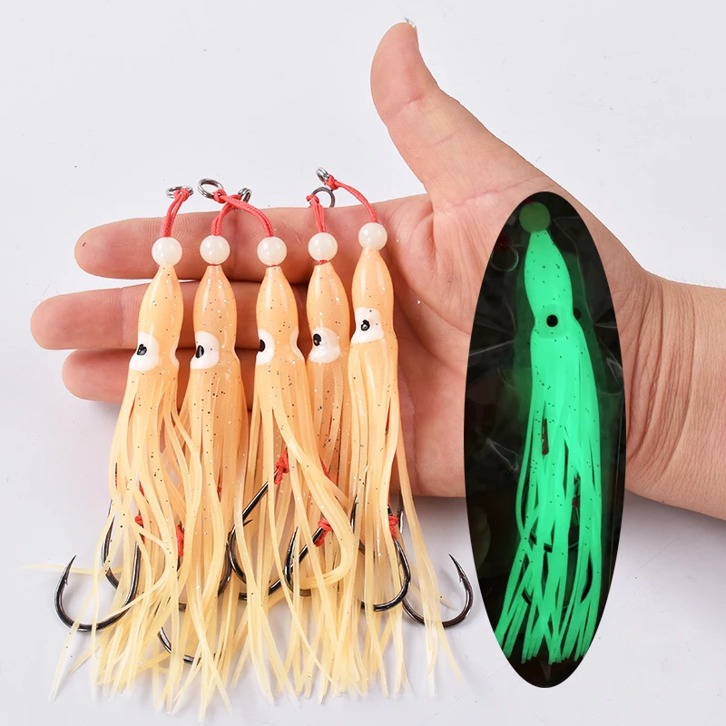 6pcs/pack fishing lure soft squid 12cm5.5g silicon gel skirt tentacle 15# double assist hook lure hook rig fish tackle saltwater