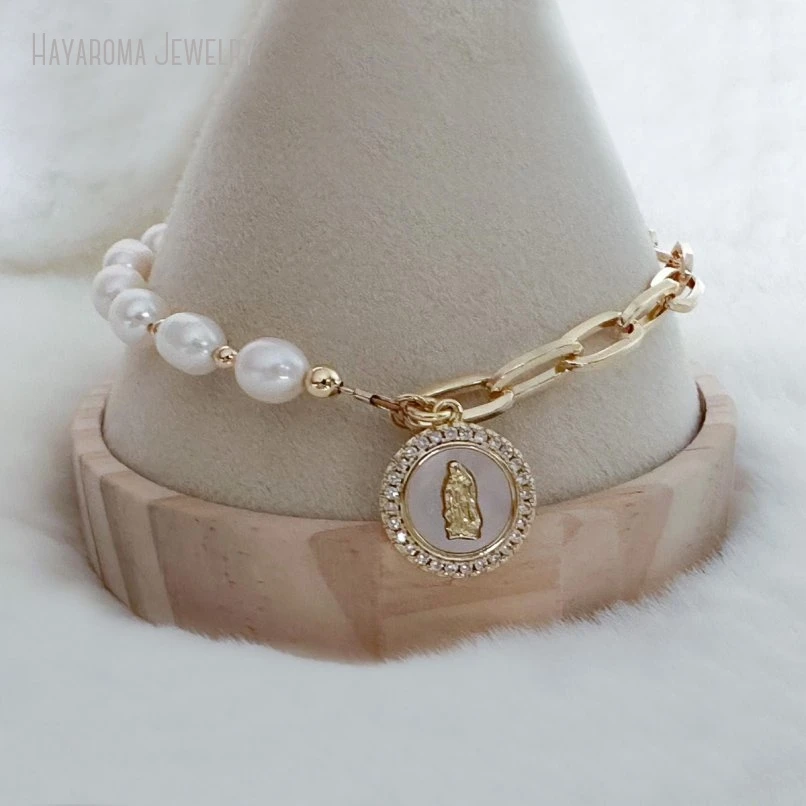 

10Pcs Freshwater Pearl Guadalupe Virgin Mary Bracelet Catholic Mexican Healing Faith Jewelry