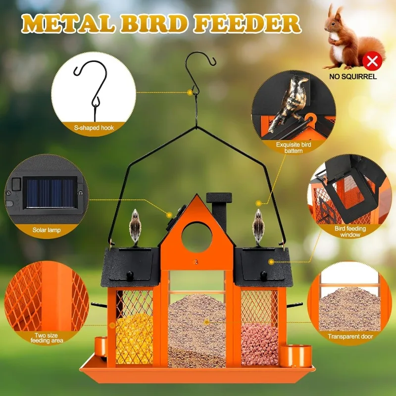 Solar Bird Feeders House for Outside Hanging, Metal Wild Bird Feeder for Outdoors Large Capacity Cardinal Birdfeeder