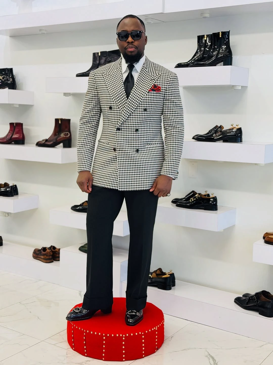 الشتاء Houndstooth و بدل زفاف للعريس بلغت ذروتها التلبيب مزدوجة الصدر البدلات الرسمية 2 قطعة سترة السراويل مساء مخصص #2