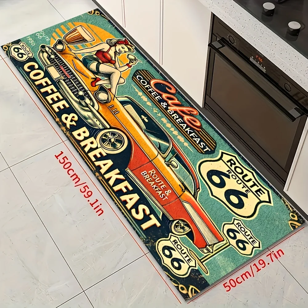 Worn Vintage Route 66 Classic Auto Pin-Up Girl Coffee Runner Rug, Non-Slip Mat for Kitchen Hallway Bathroom Daily Retro Diner