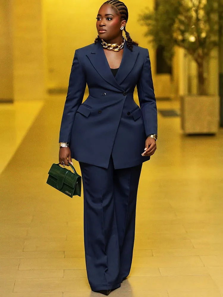 エレガントなオフィスレディ向けツーピースセット、女性用ワークウェア、ダブルブレストブレザーコートとワイドレッグパンツスーツのマッチングセット、ユニフォーム