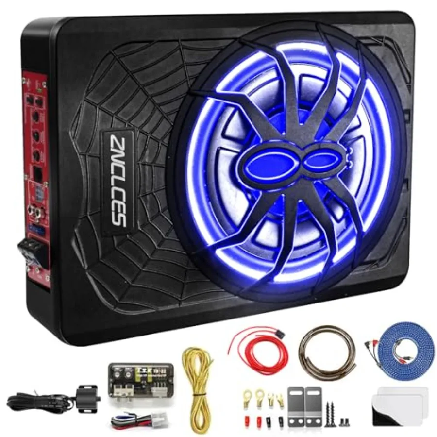 

Car subwoofer for under seat installation, aluminum alloy housing, blue color, built-in 1200W amplifier with superior heat diss