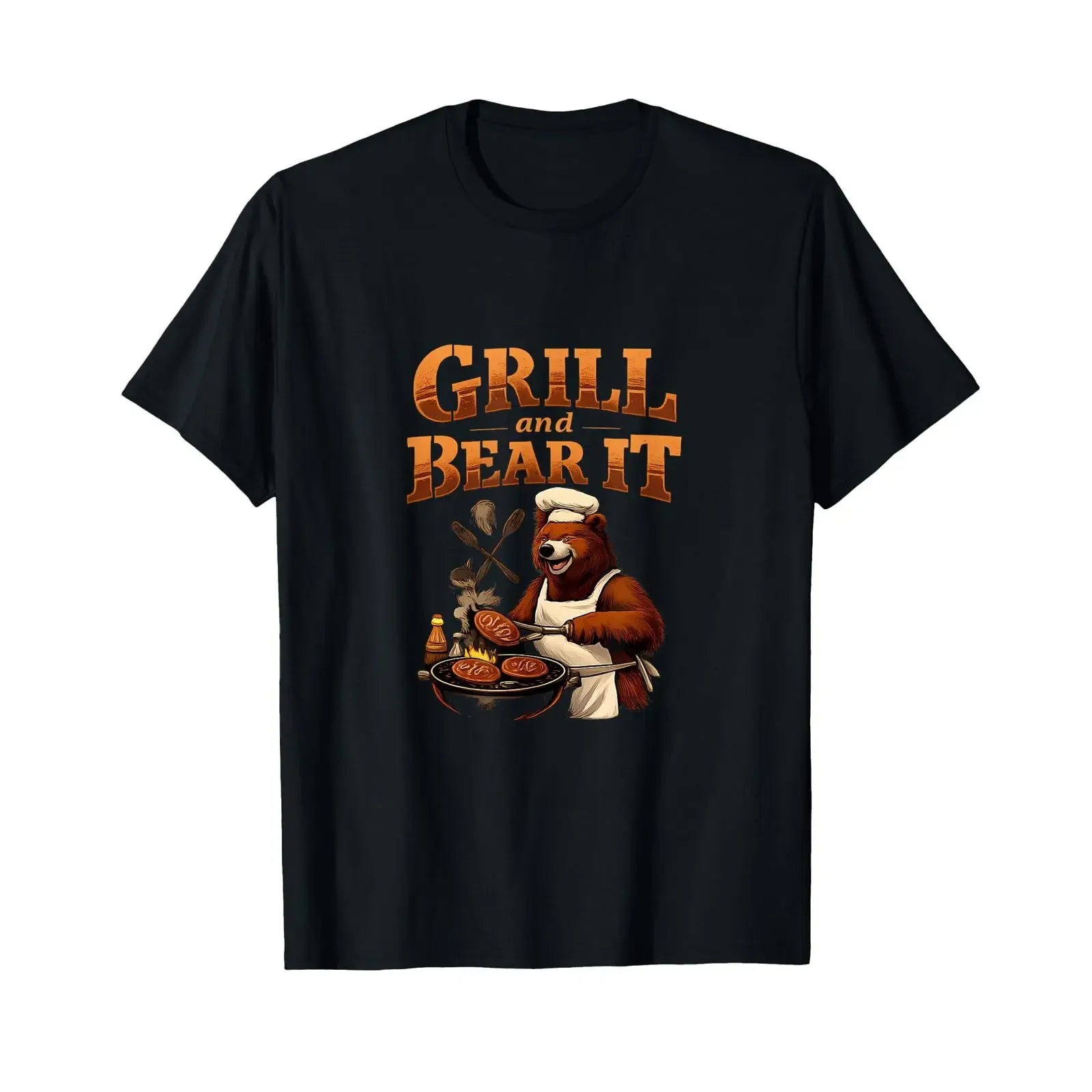 Grill and Bear It Chef BBQ Stencil Design T Shirt vintage Washed Stretched homme fashion Comfortable Top For Everyday Wear