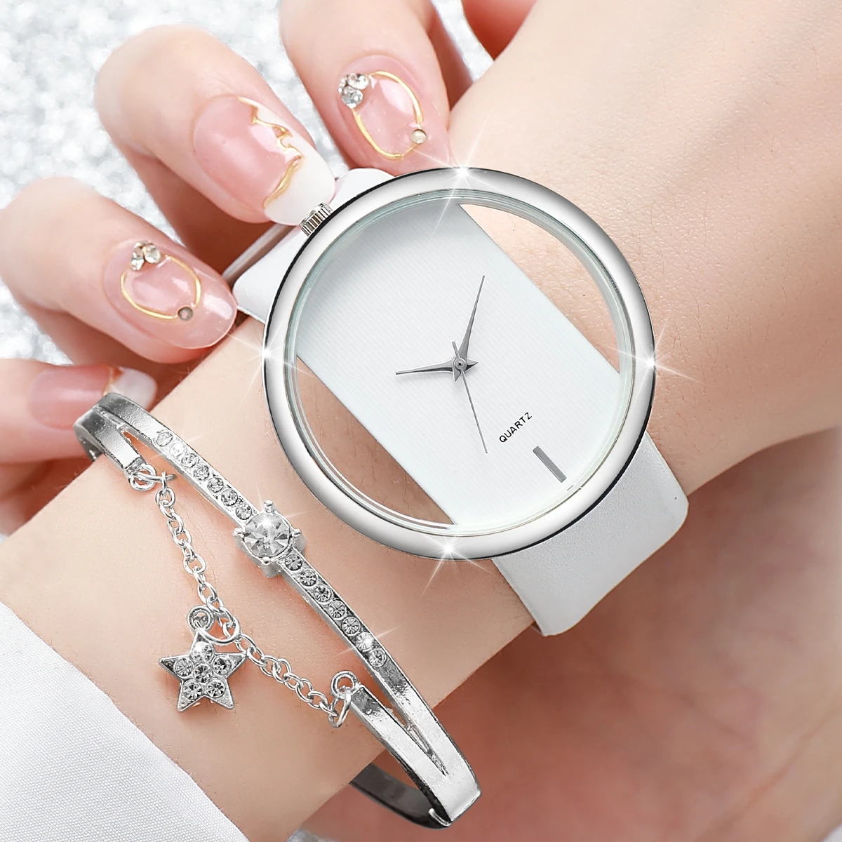 2PCS/Set Women Watches Star Bracelet Set Fashion Big Hollow Dial Leather Band Quartz Watch