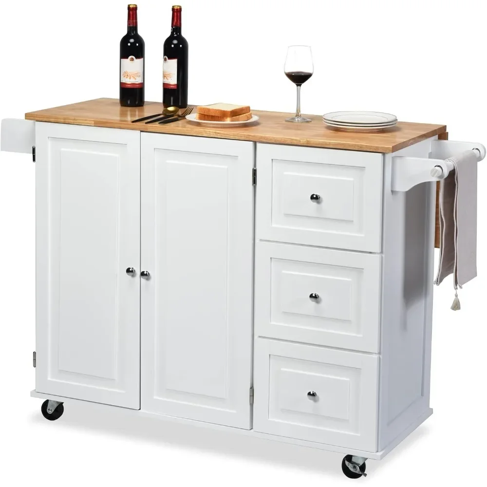 Kitchen Island Cart on Wheels,Rolling Kitchen Island with Drop Leaf Top,Kitchen Trolley Cart with Drawers,Towel Rack&Bottle Rack