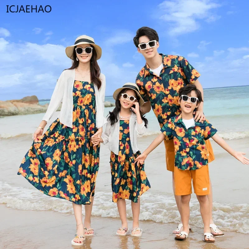 Mother Father Daughter Matching Clothes Sets Floral Print Shirt Dress Short Sleeve Hong Kong Style Summer Family Outfits