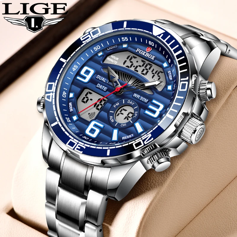 LIGE Men Watches Luminous LED Dual Display Sport Mens Quartz Watch Waterproof Chronograph Business Man Watch Relogio Masculino