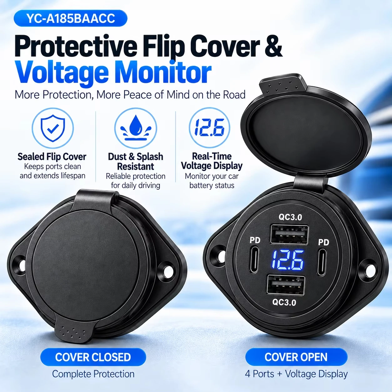 12-24V Car Charger with LED Voltmeter 3/4 Ports USB Type C PD 36W QC3.0 18W Fast Charge Flip Cover Waterproof for Car Truck Bus