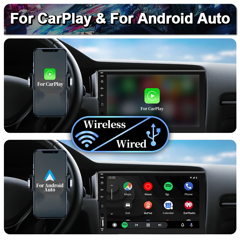 HIPPCRON 1DIN Car Radio 7inch Wireless Carplay&Android Auto Car Multimedia Player IPS Touch Screen FM AUX Input BT5.1  Autoradio