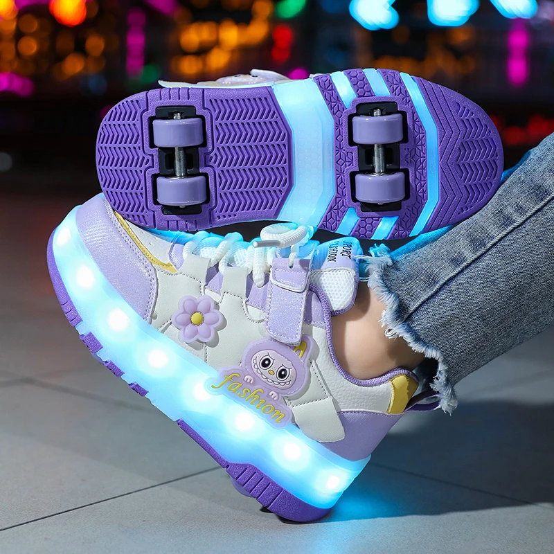 Children Four Wheels Luminous Glowing Sneakers Purple Pink Led Light Roller Skate Shoes Kids Led Shoes Boys Girls USB Charging