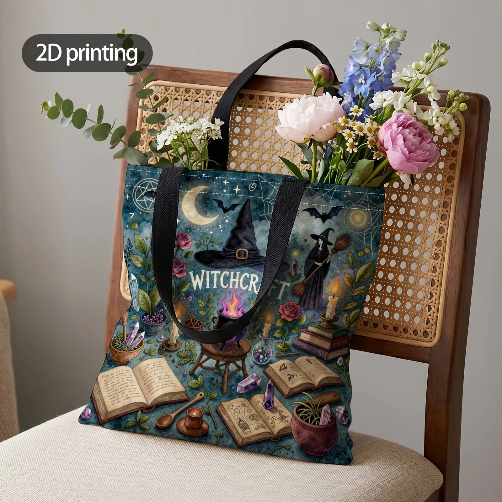 2D Printed Handbag with Witch'S Midnight Spell Circle Pattern, Reusable Fashion Shoulder Bag Travel, for Halloween Decor