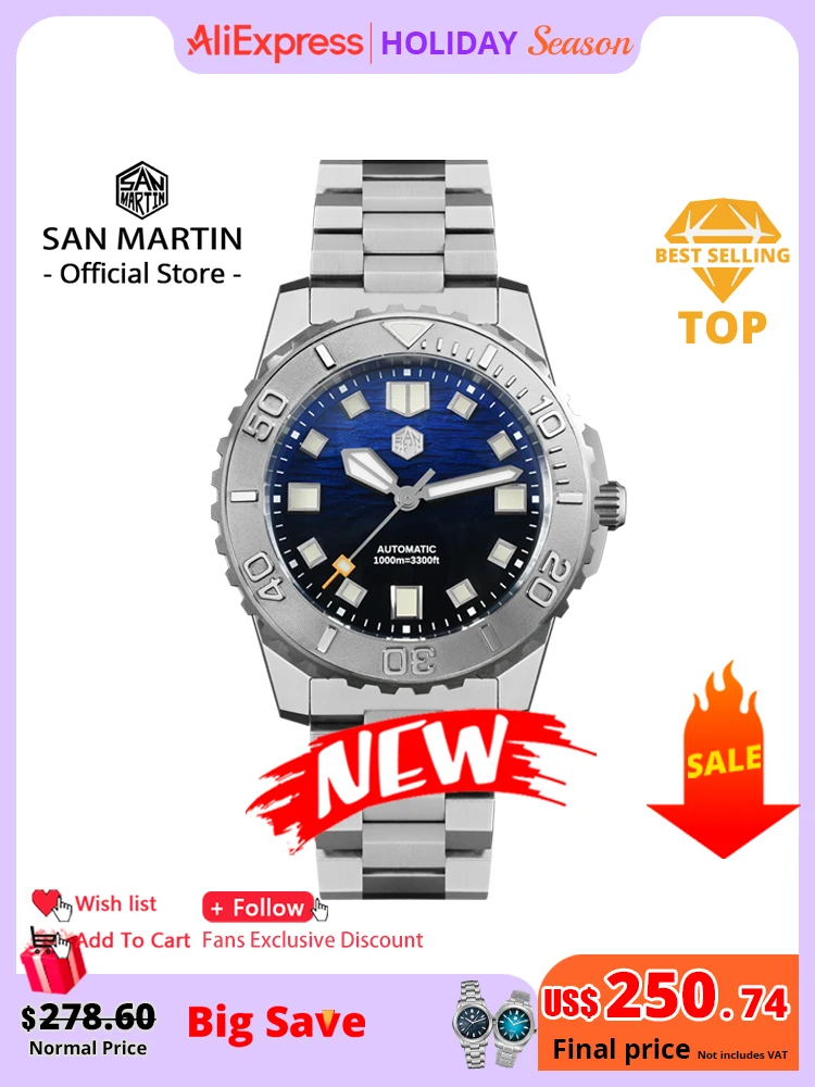 

San Martin 1000 м водонепроницаемые морские волны текстурированный циферблат 43 мм мужские дайверские часы гелиевый аварийный клапан NH35 автоматические механические SN0147
