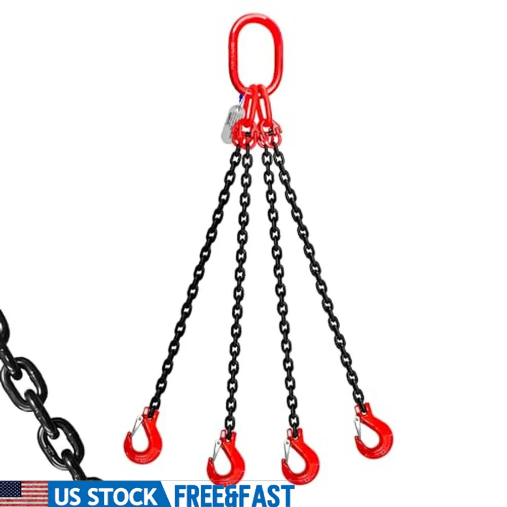 Industrial Grade 3T G80 Alloy Steel 4 Leg Chain Sling 6600LBS Capacity 5 Ft Lifting Chains Grab Hooks Heavy Duty Transport