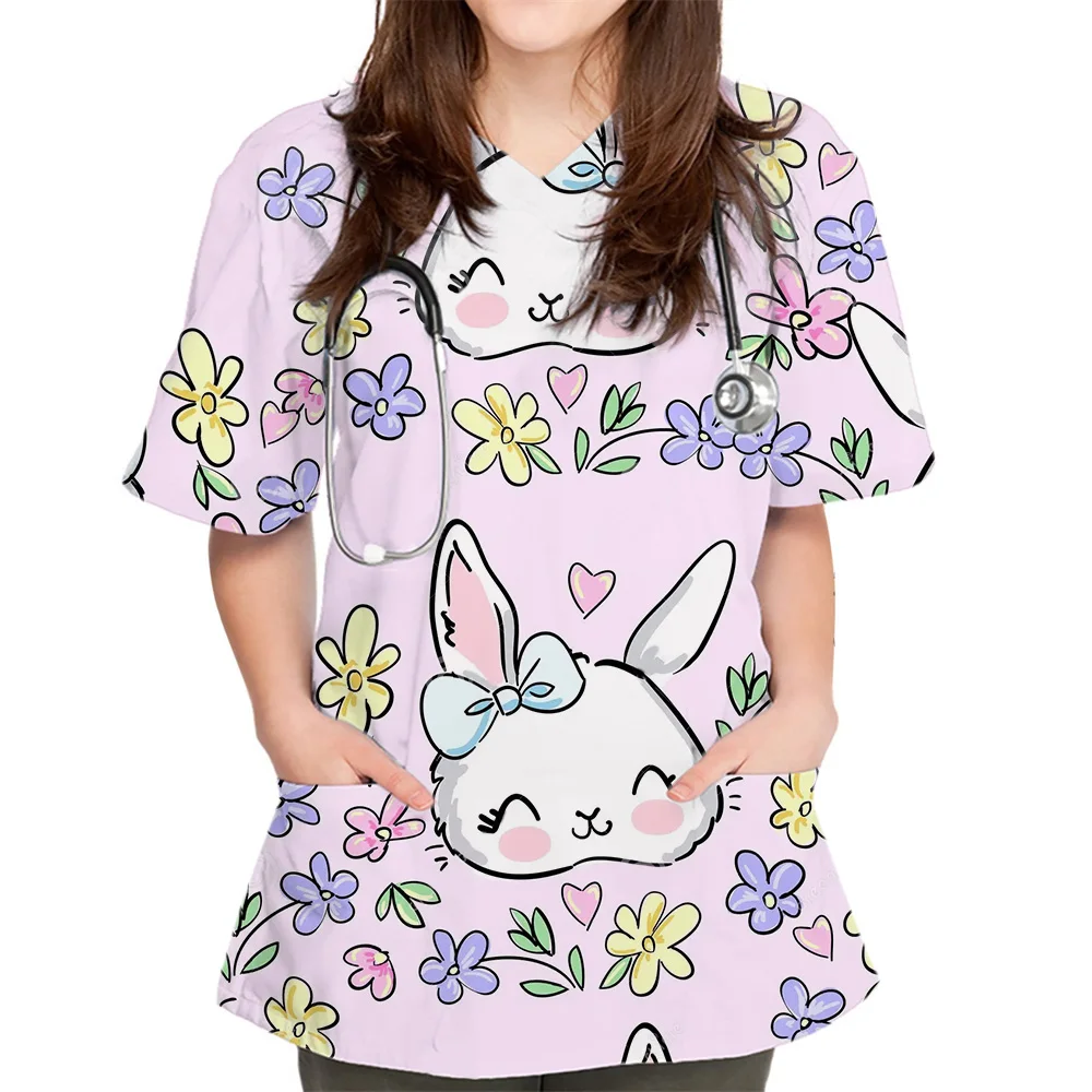 Women's Cartoon Rabbit Print T-Shirts Nurse Uniform Stretch V-Neck Short Sleeve Tee Top With Pocket Work Scrubs Medical Uniforms