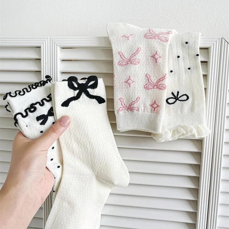 

Mid-tube Socks Sweet Fashionable Girl Thin Breathable Mid-tube Socks Korean Style Thin Bow Lace Lolita Pile Socks