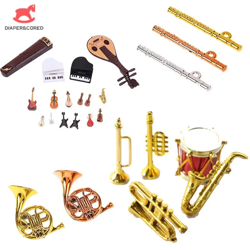 Dollhouse Miniature Simulation Violin Guitar Drum Piano Flute Musical Instrument Model Toys Decoration Accessories