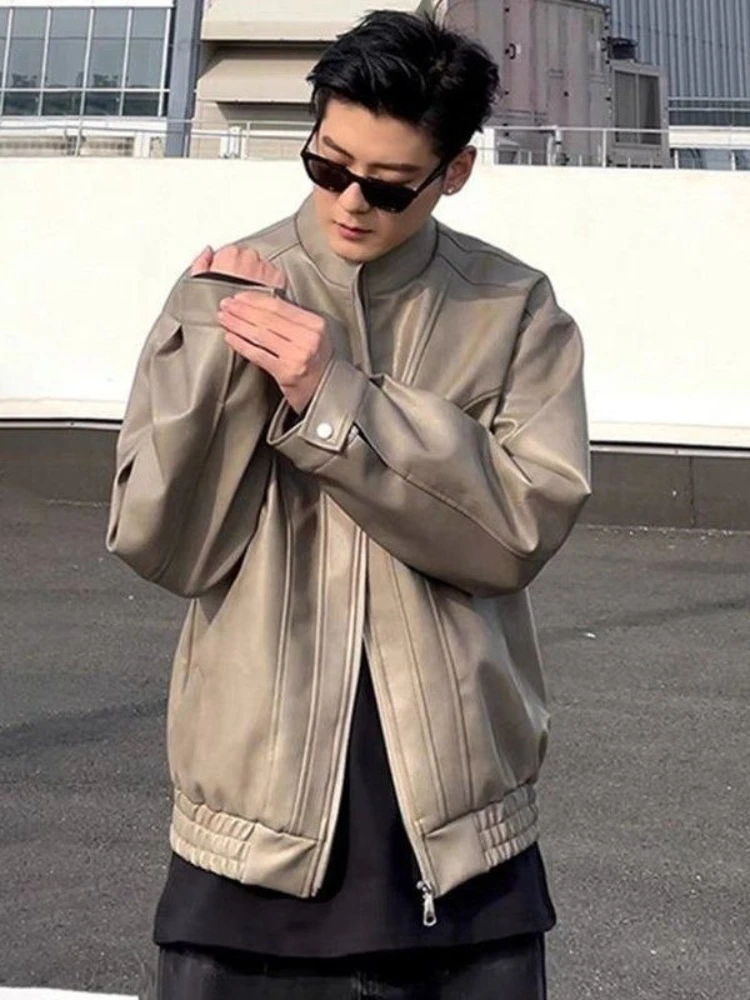 High Quality PU Leather Motorcycle Jacket Men's Half Hooded Edgy Coat for Autumn Couples Versatile Streetwear Utility Jacket​