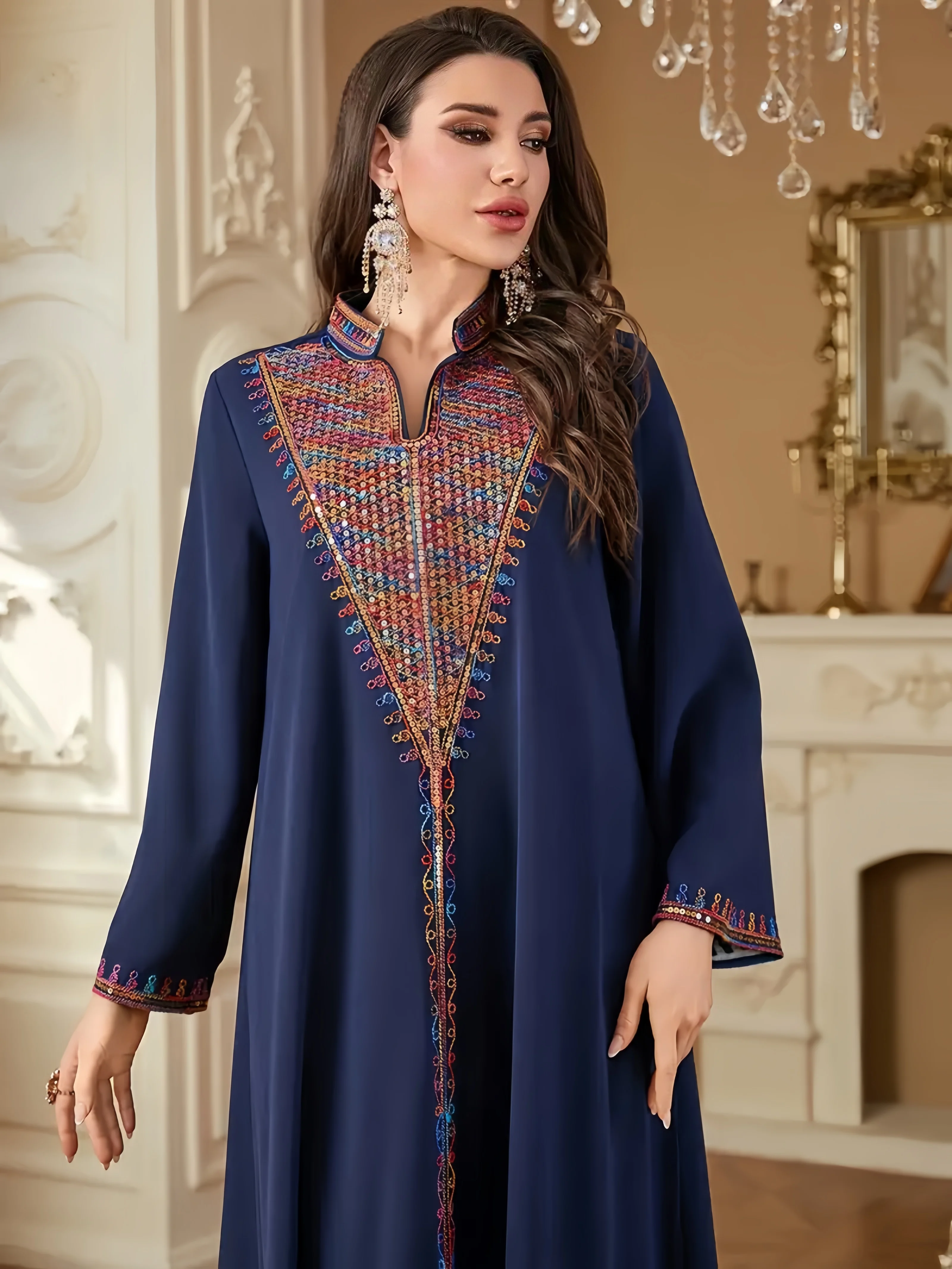 

Luxury Muslim Abaya Navy Blue with Elaborate Colorful Embroidery Sophisticated Modest Islam Outerwear for Dubai End Gatherings