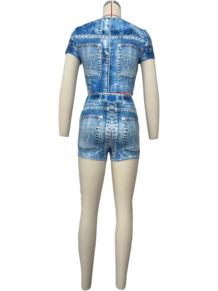 Denim Short Sets Women Clothing Streetwear Summer Casual Two Piece Outfit Skinny Ladies Jean Blue Print Top and Shorts Set