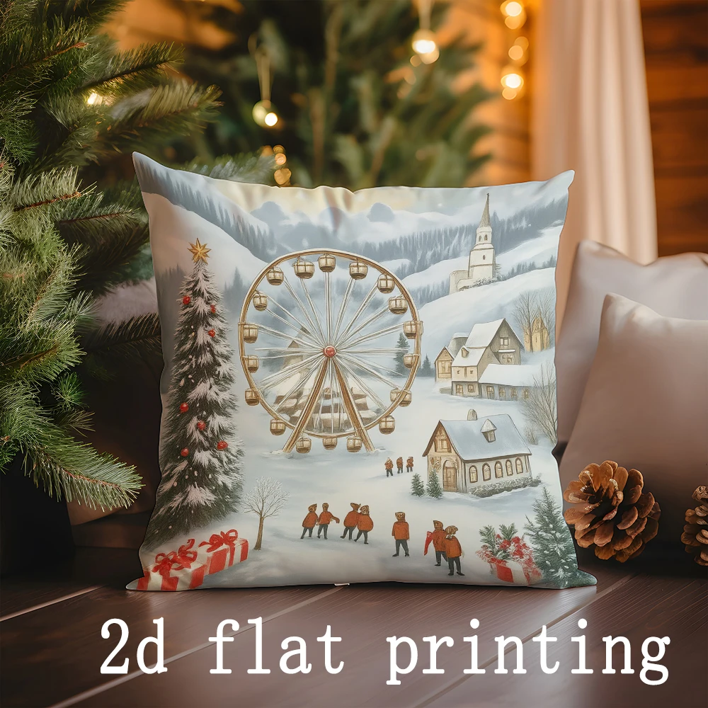 Home Decor Winter Scenes: Bear, Deer & Ferris Wheel Pillows Pattern Cushion Cover Suitable for Sofa Bedroom Car Pillow Cover