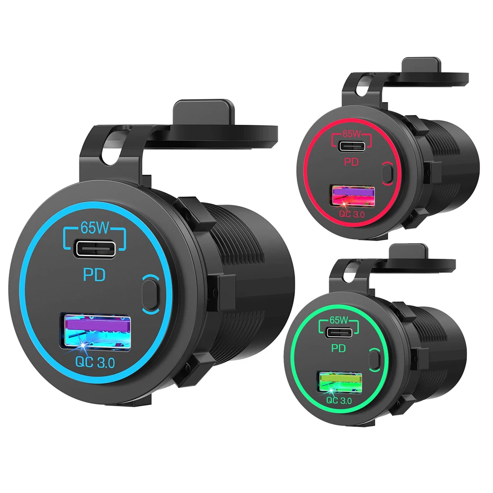 12V USB C Outlet 65W PD3.0 & 18W QC3.0 Car USB Charger Socket for Laptops Tablets Phones with Switch for Car Marine Boat RV Bus