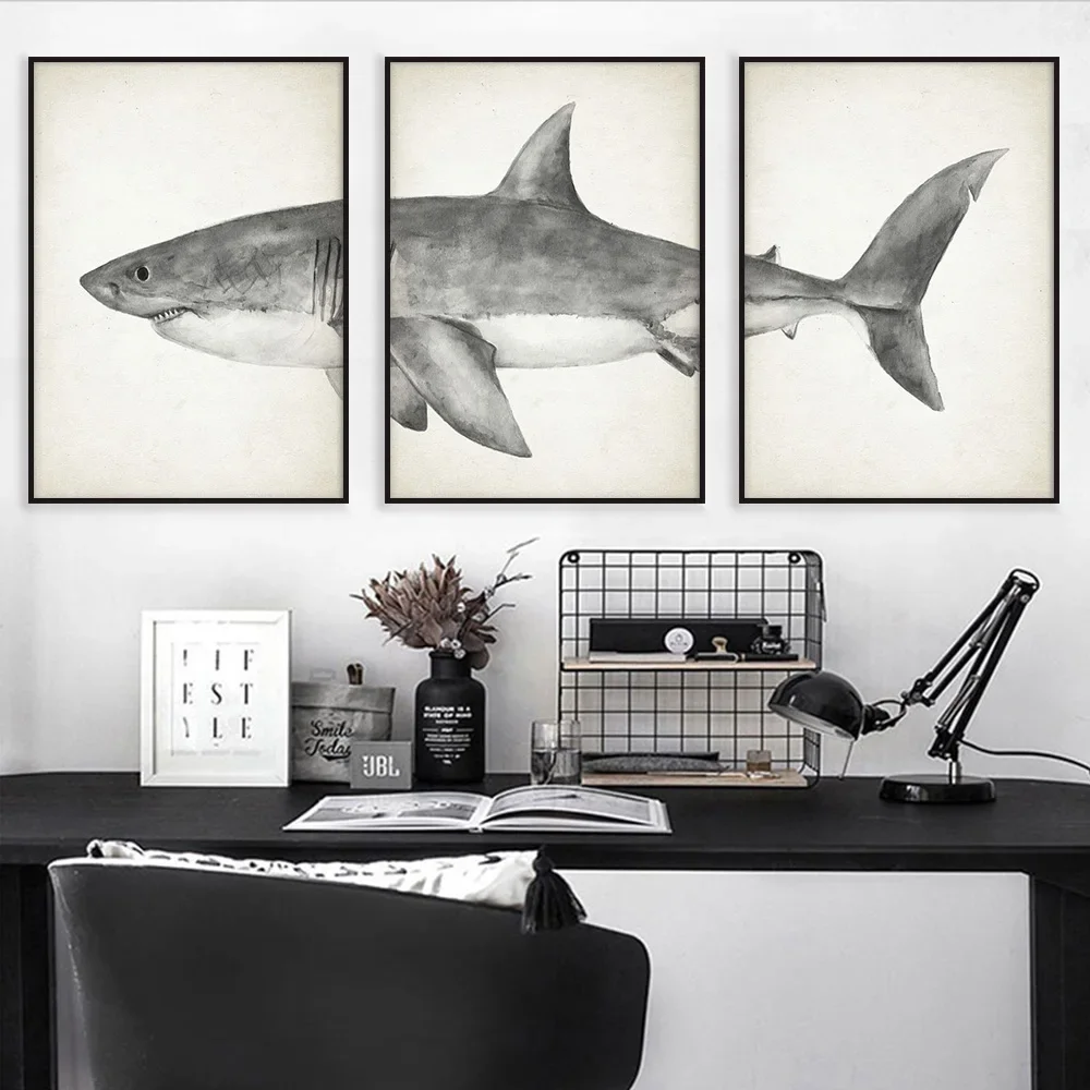 Image of Moderne Vintage Wandkunst Haie und Wale HD Leinwand Ölgemälde Poster Drucke Home Schlafzimmer Wohnzimmer Dekoration Geschenke