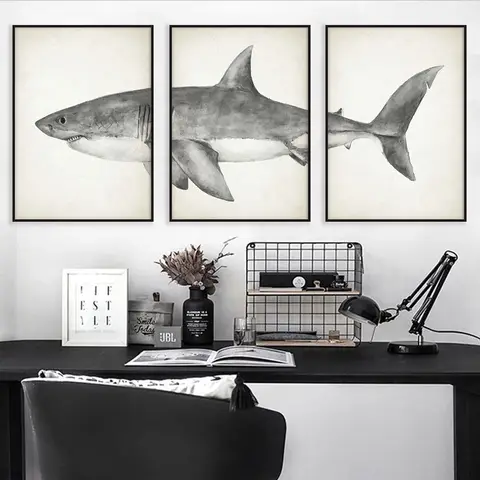 Arte de pared Vintage moderno, tiburones y ballenas, lienzo HD, pintura al óleo, impresiones de carteles, decoración para el hogar, dormitorio, sala de estar, regalos