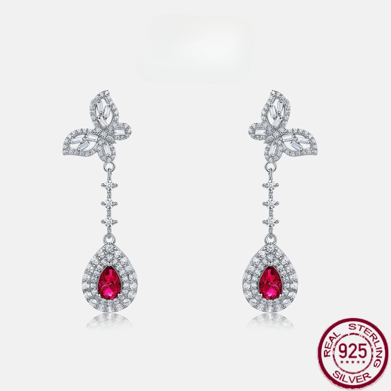 

New S925 sterling silver colored gemstone long design with red and blue gemstone earrings for wedding jewelry