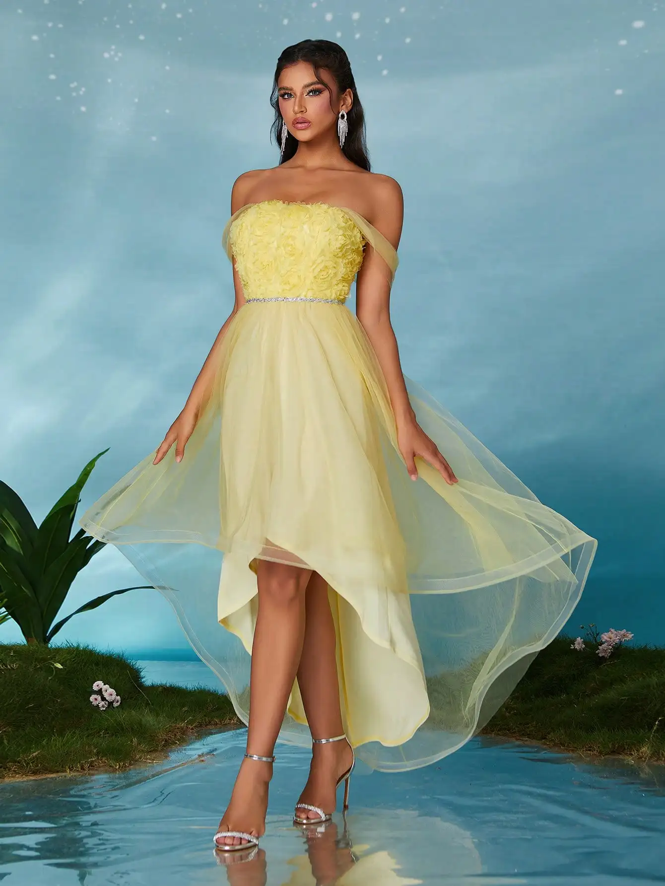 MGIACY Vestido grande de gaze de camada dupla bordado tridimensional com decote em I