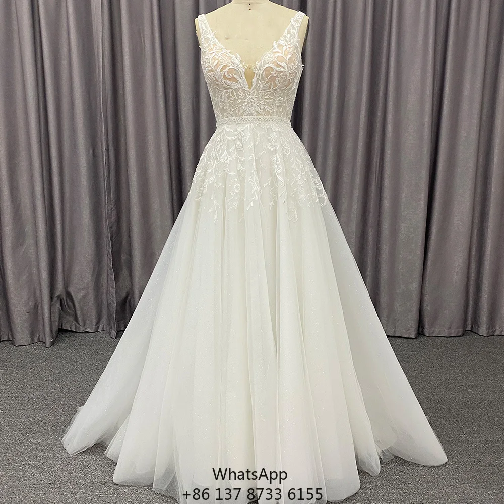 

Свадебные платья для девочек HX15: современные, простые, с V-образным вырезом, кружевным узором, длиной в пол, с кристаллами и пайетками.