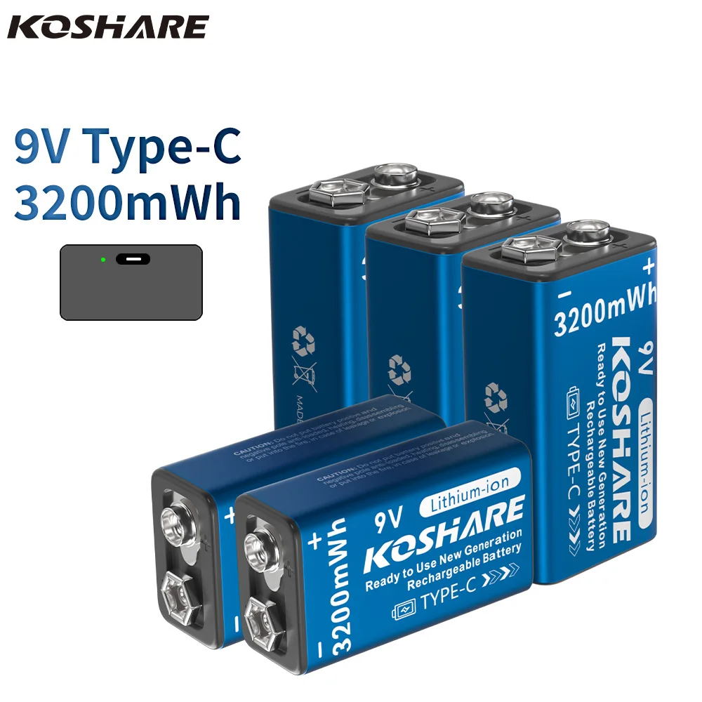 

KOSHARE 9 Volt Type C Smart USB Charging Lithium Ion Battery Rechargeable 9 Volt Type C Lithium Battery Pack with Type C Cable