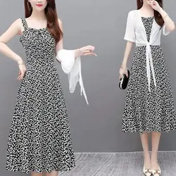 Two Piece Set Broken Flowers Matching Sets Summer New Women's Clothing Fashion Drawstring A-Line Vintage Elegant Slip Dress Sets