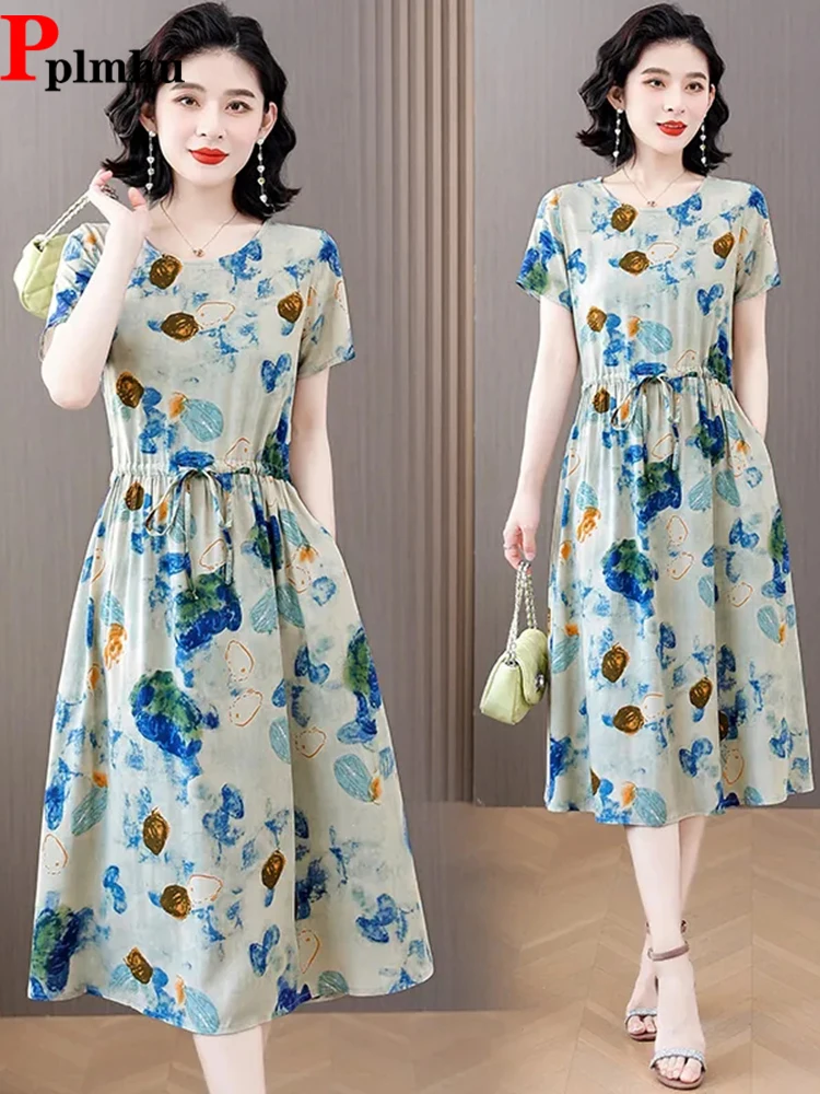 Oversized Summer Women's Dress Elegant Floral Print Long Vestidos 2024 New Short Sleeve Elbise Casual Mom's A-line Dresses