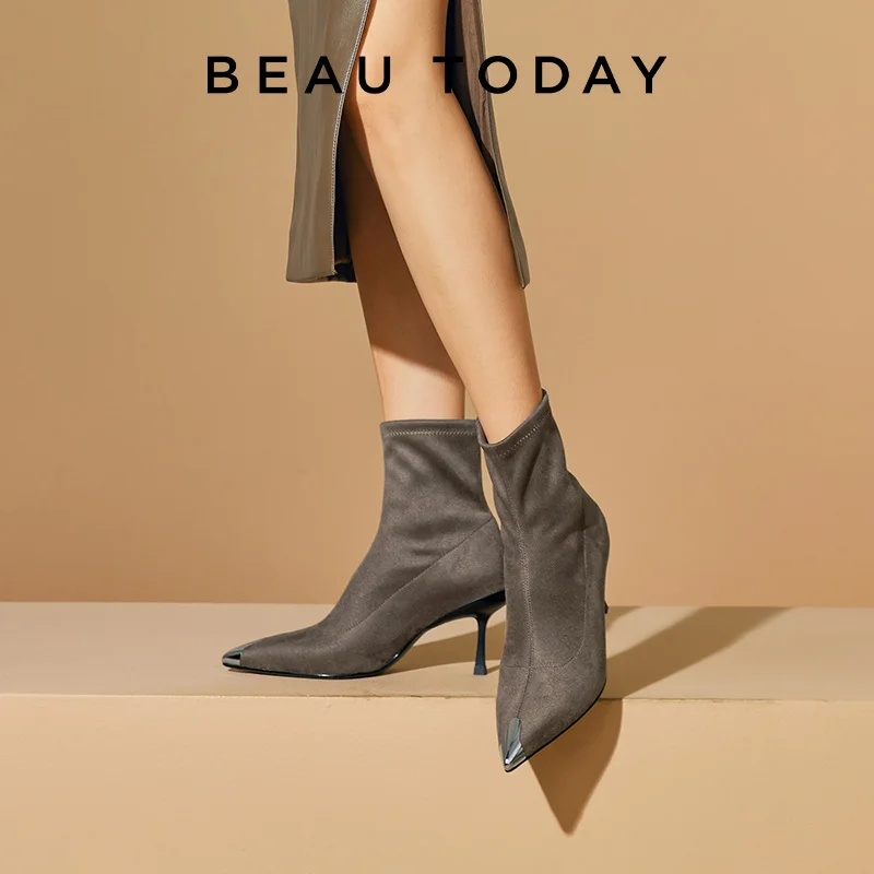 

BEAUTODAY Mid-Calf Boots Women Flannel Metal Pointed Toe Block Heels Solid Color Autumn Fashion Ladies Pumps Handmade 03950