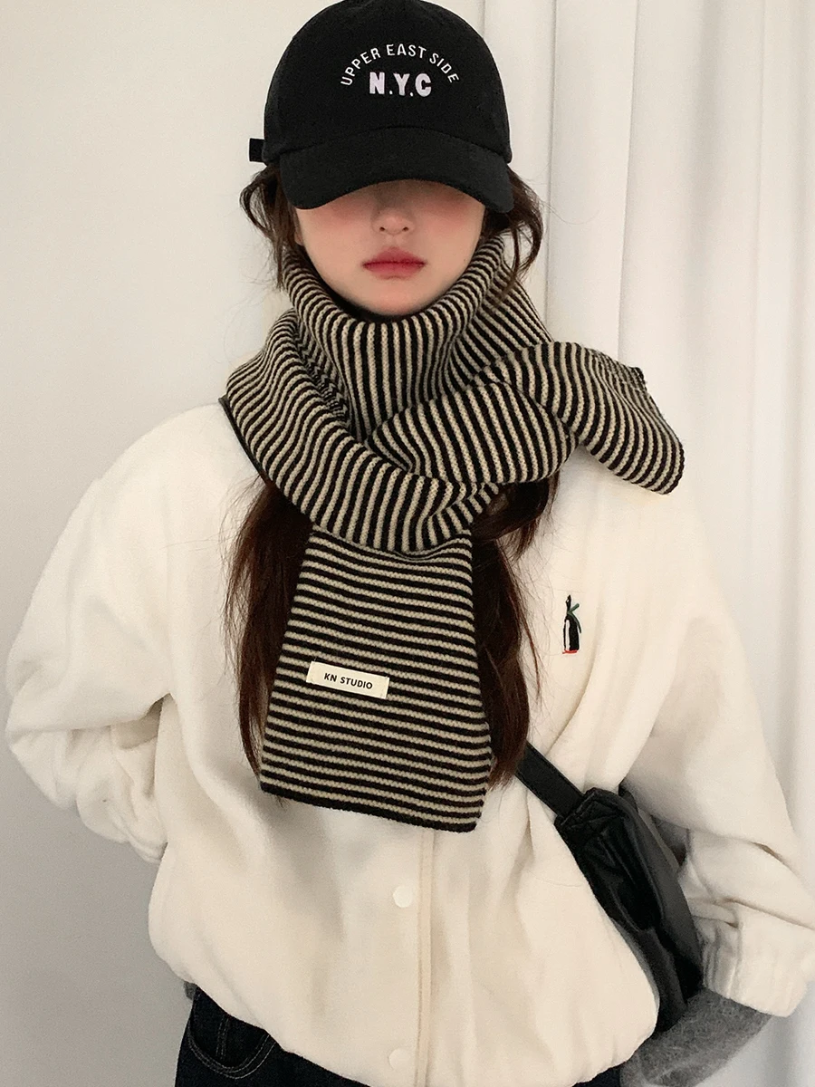 

Fashion Classic Stripes Knit Scarf Unisex Winter Warm Neckerchief Long Korea Style Versatile Women Scarves Lovers Shawl