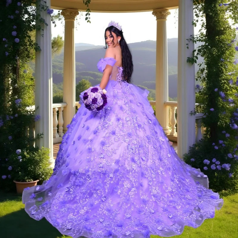 Vestidos de quinceañera morados personalizados con hombros descubiertos, calcomanía brillante, cola larga, Vestido de flores 3D, 15 quinceañera