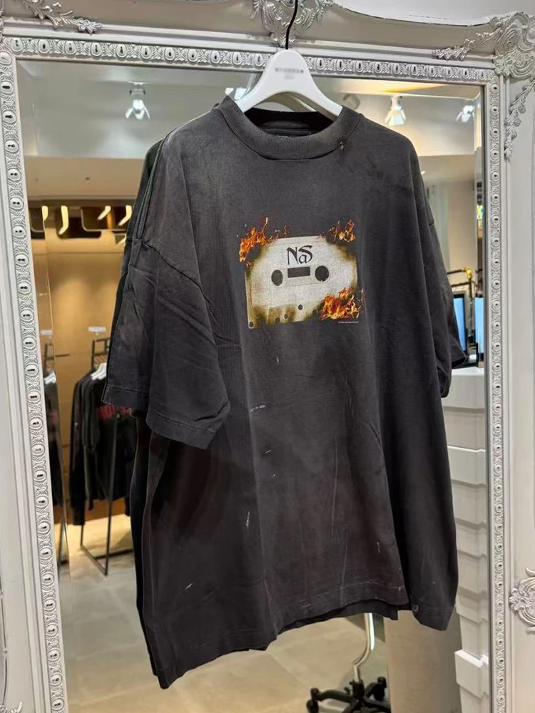 

NaS Collaborative Vintage Burned Tape Recorder ort Sve T-irt Trendy Waed Cotton round Ne ex Top