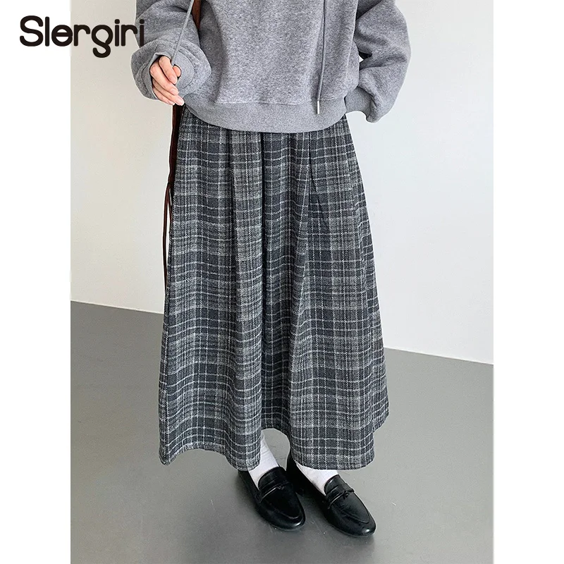 

Винтажная шерстяная юбка А-силуэта в клетку Slergiri, женская модная новинка 2026 года, осенне-зимняя, в стиле преппи, с эластичным поясом, повседневная длинная юбка