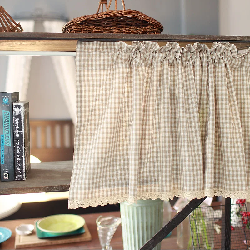 American Style Plaid Pattern Brown Curtain Linen-Cotton Kitchen Door Curtains Cafe Living Room Window Kitchen Half Home Decor