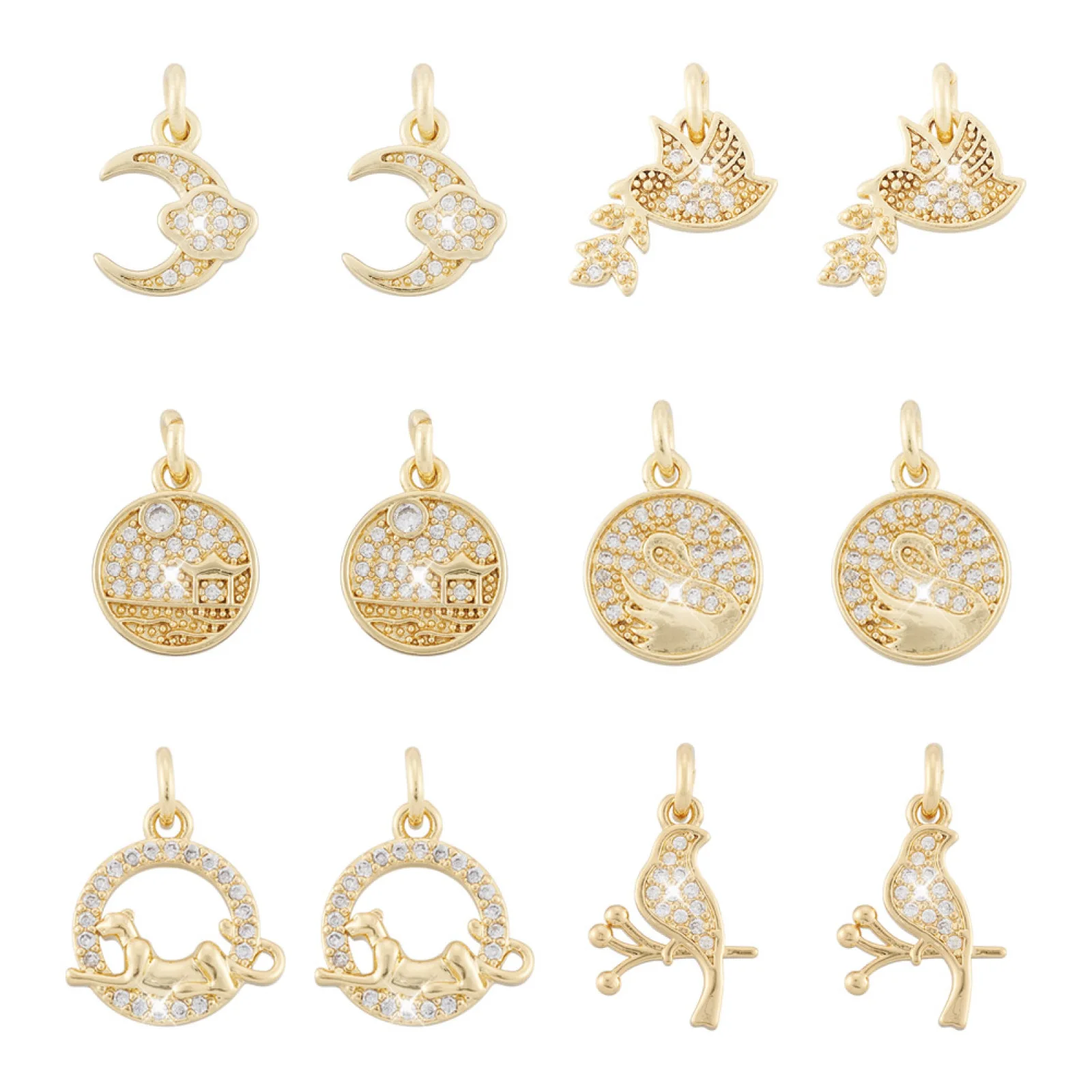 12Pcs Golden Color Moon Cloud Brass Micro Pave Clear Cubic Zirconia Charms with Jump Rings for Bracelet Necklace Jewelry Making