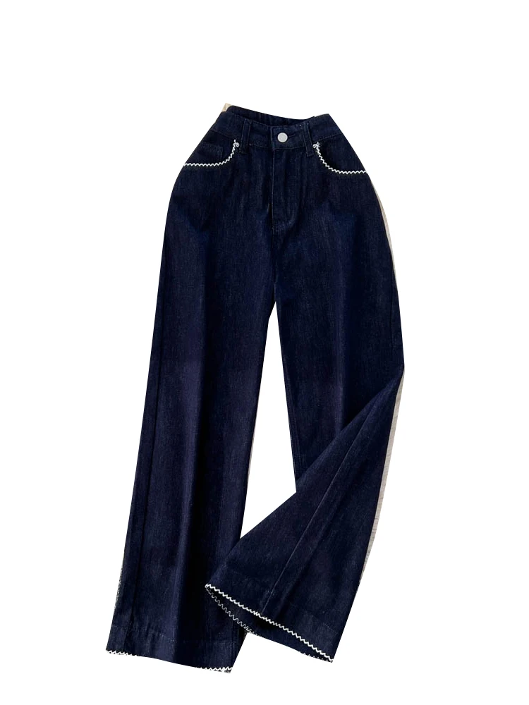 Casual cintura alta perna larga denim jeans feminino outono solto em linha reta costurado design de renda calças de emagrecimento fadable todos os jogos