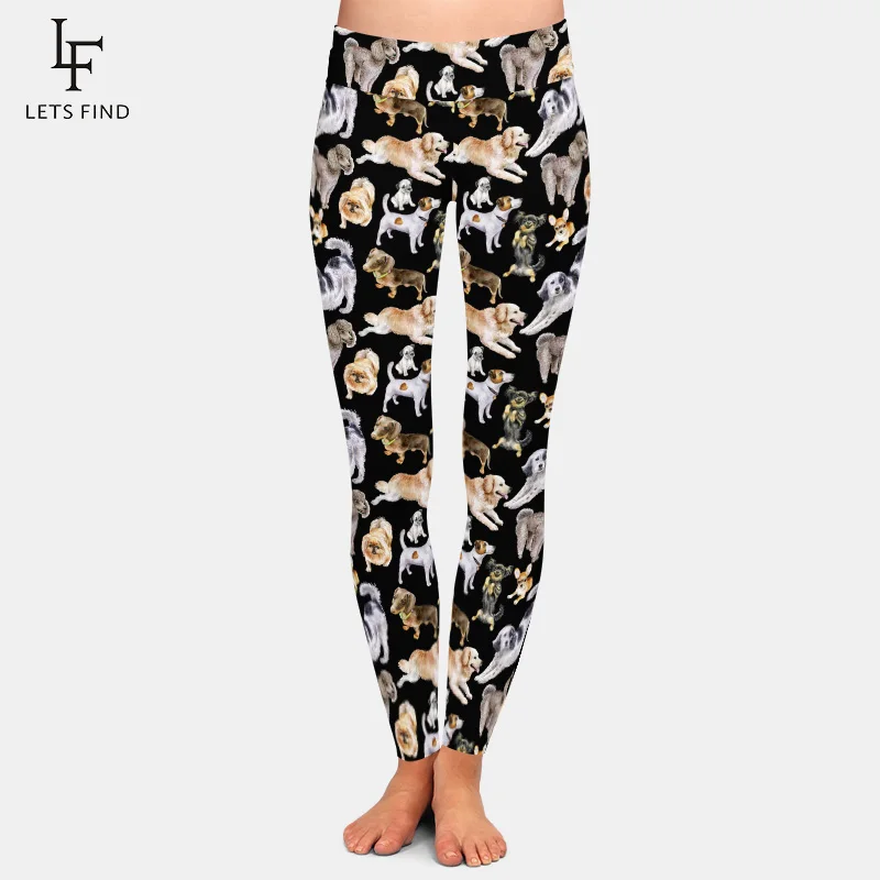 Fashion Cartoon Dogs Print High Elastic Women Black Leggings High Waist 220gsm Double Side Brushed Milk Silk Leggings