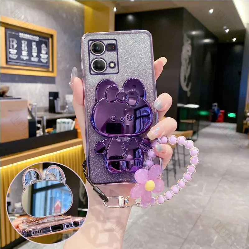 reno7 Flower Strap Mirror Rabbit Phone Holder Case For Oppo Reno 7 8 10 9 6 Pro 8 8T 6Z 4 3 2 7SE 7pro 5k 2z Stand Cover reno8t