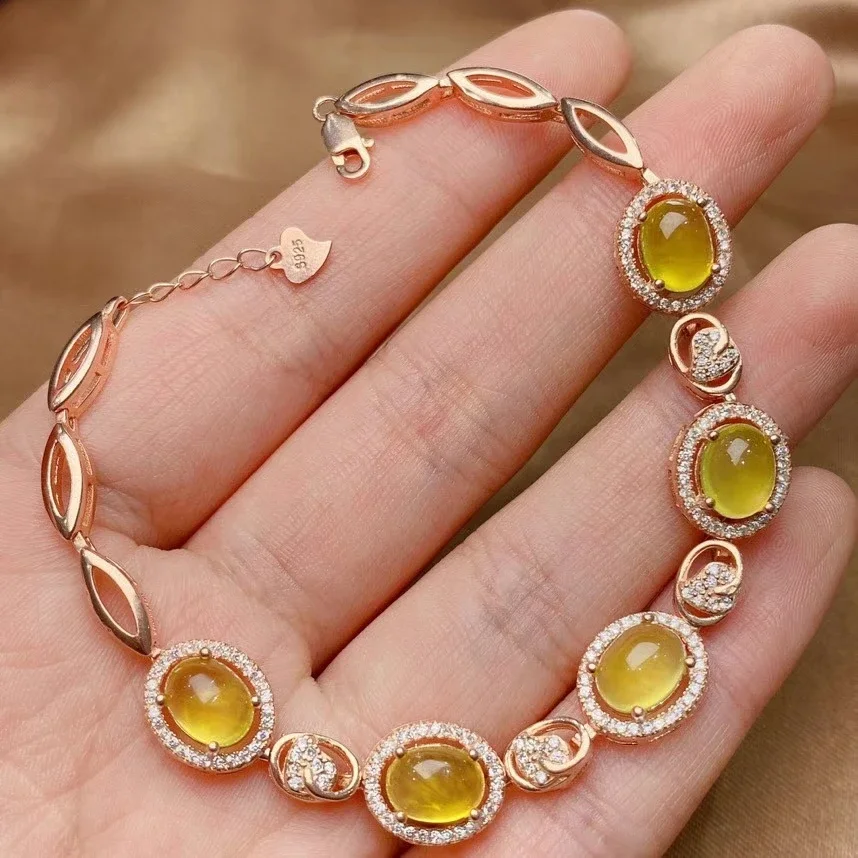 Classic925 Silver Prehnite Bracelet for Party 6mm*8mm Natural Yellow Prehnite Silver Bracelet Sterling Silver Gemstone Bracelet
