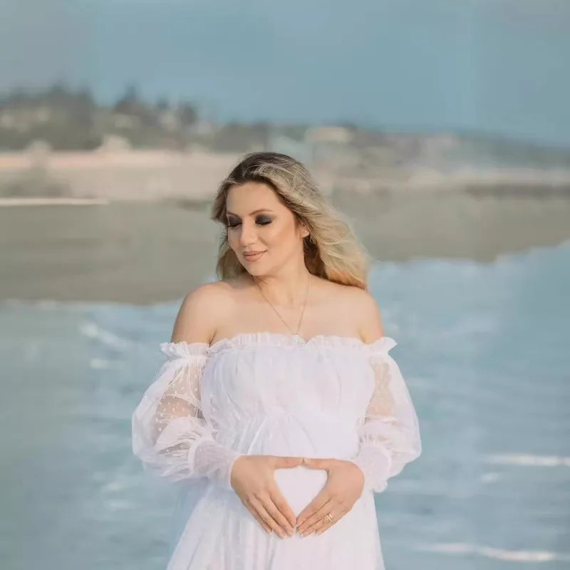 

Polka Dot Tulle Maternity Dress Off Shoulder Puff Sleeve Comfortable Casual Floor Length Photography Dress